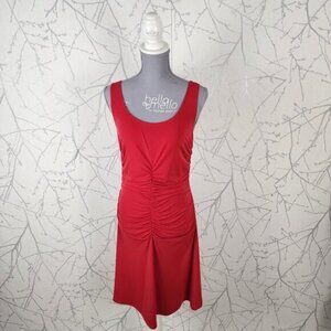 Donna Canada Red Stretch Knit Ruched Midi Dress